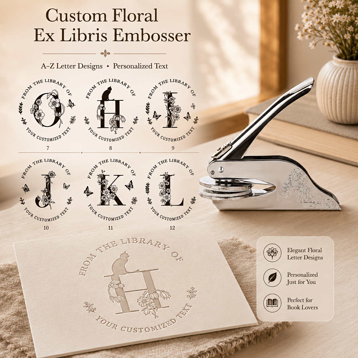 TEMU Personalized Book Embosser Custom Name Floral Library Stamp, Gift For Book Lovers, Teachers & Readers