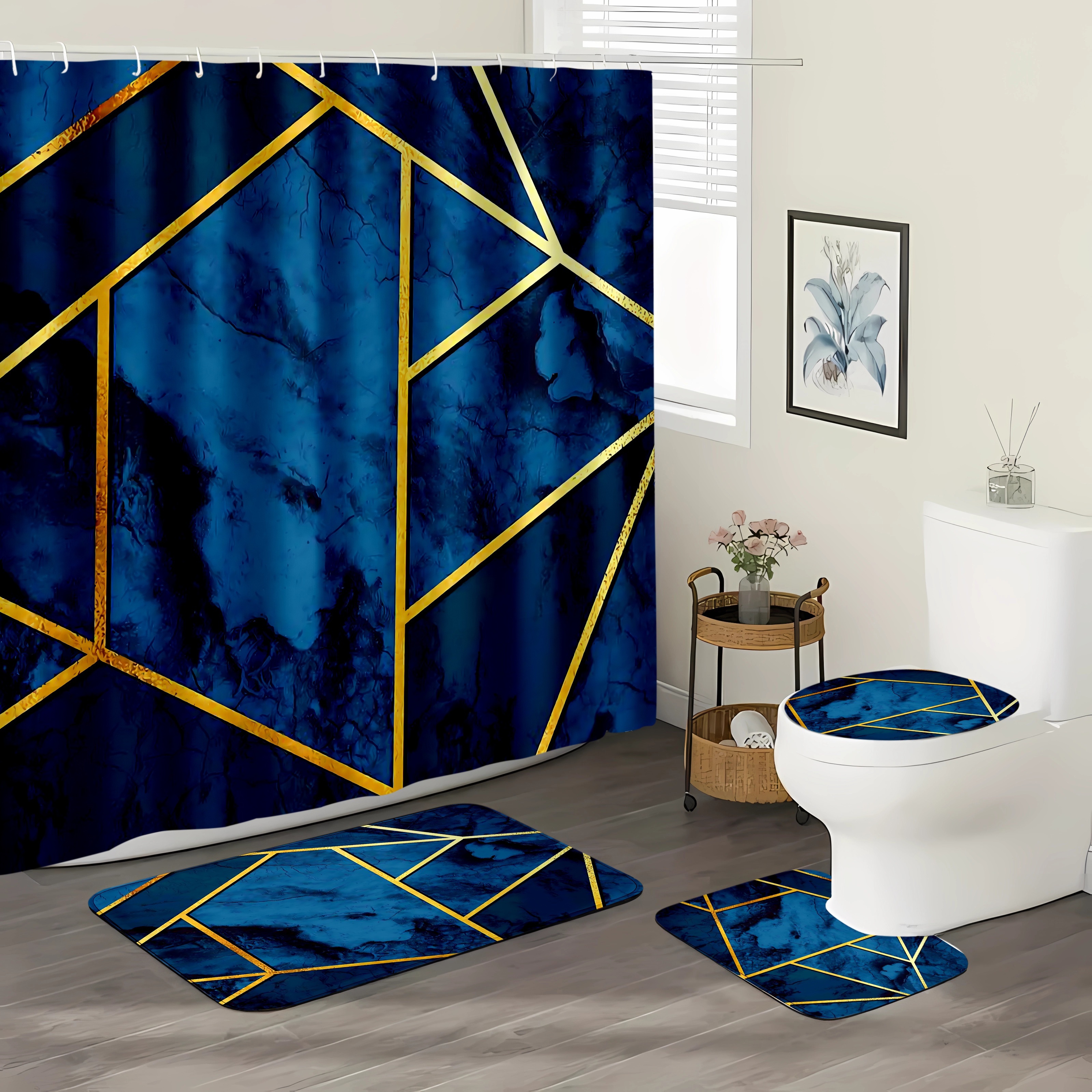 

Blue & Golden Geometric Shower Curtain Set (1/4pcs) - Waterproof Polyester With 12 Hooks, Includes Non-slip Mats, Toilet Seat Cushion, And U-shaped Rug