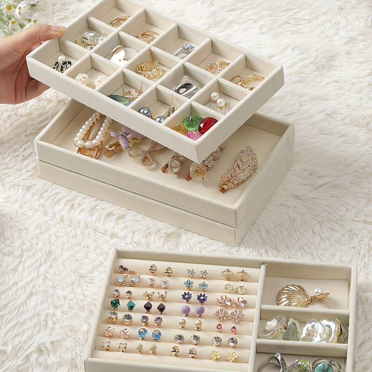 4pcs set of simple flannel jewelry trays desktop jewelry storage display boxes stackable drawer jewelry organizers multi purpose jewelry storage boxes for earrings rings necklaces bracelets and pendants Product details 0