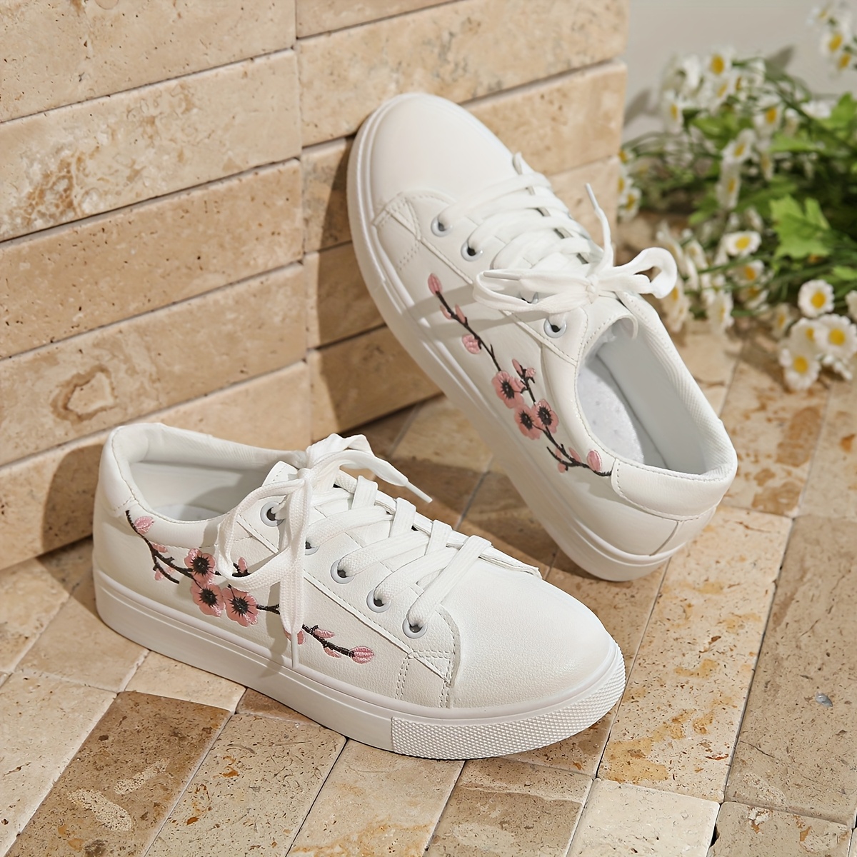 dames wit mode sneakers met bloemen embroidery, comfortabele lage