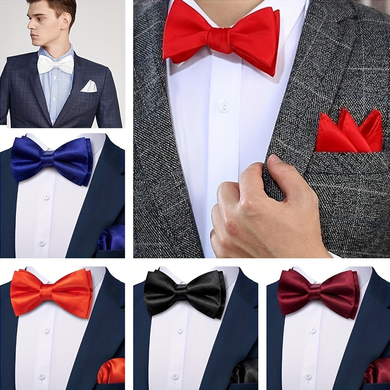 

2pcs/set, Elegant Men's Bow Tie & Pocket Square Set - Classic Solid Color, Pre-tied For Formal Wear, Weddings And Parties