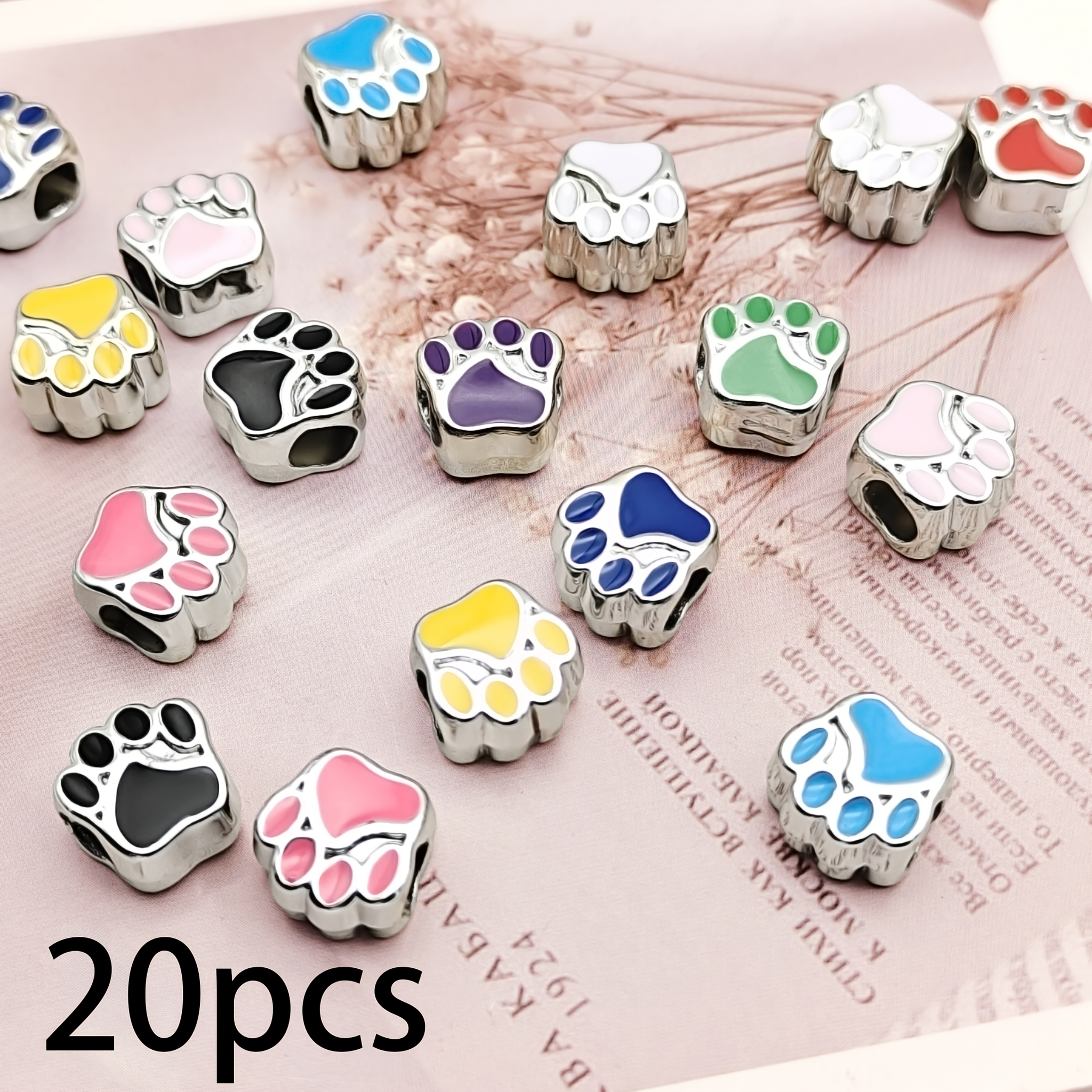 TEMU 20pcs 10.4mm Cat Paw Shaped Large Hole Acrylic Beads With Colors On Sides, Diy Craft Materials, Apparel Decoration Accessories, Handmade Beading