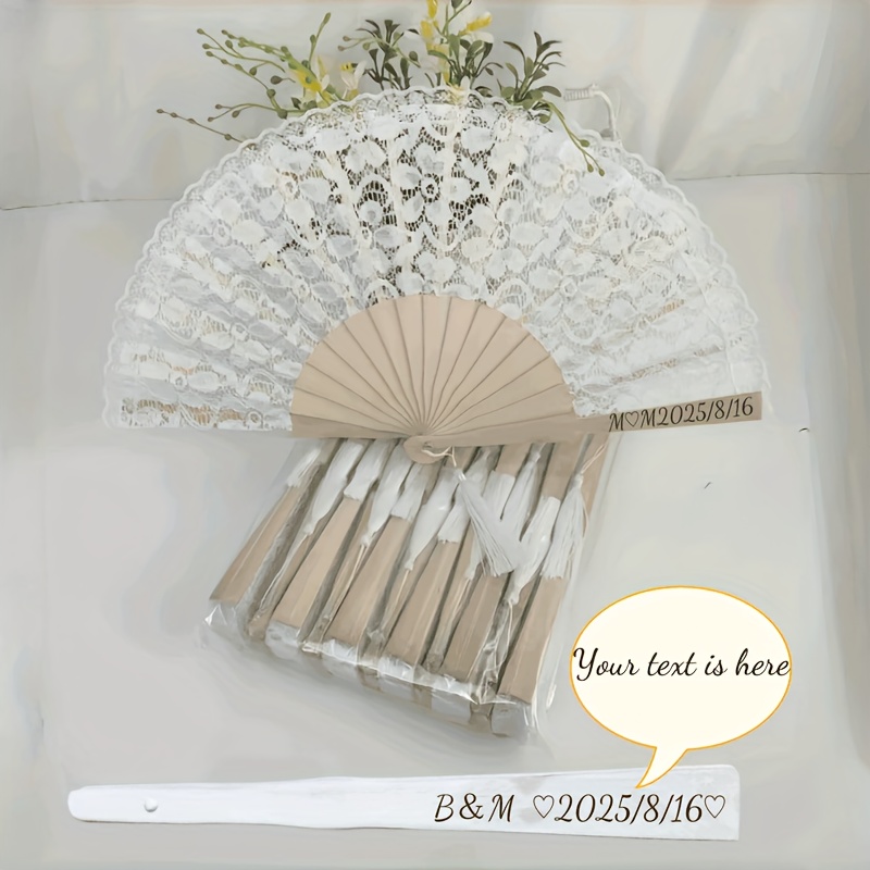 TEMU Personalized Bohemian Wedding Fan - Custom Name & Date Solid Wood & Polyester Tassel Decorative Fan With Lace-like Floral Cutouts For Weddings,