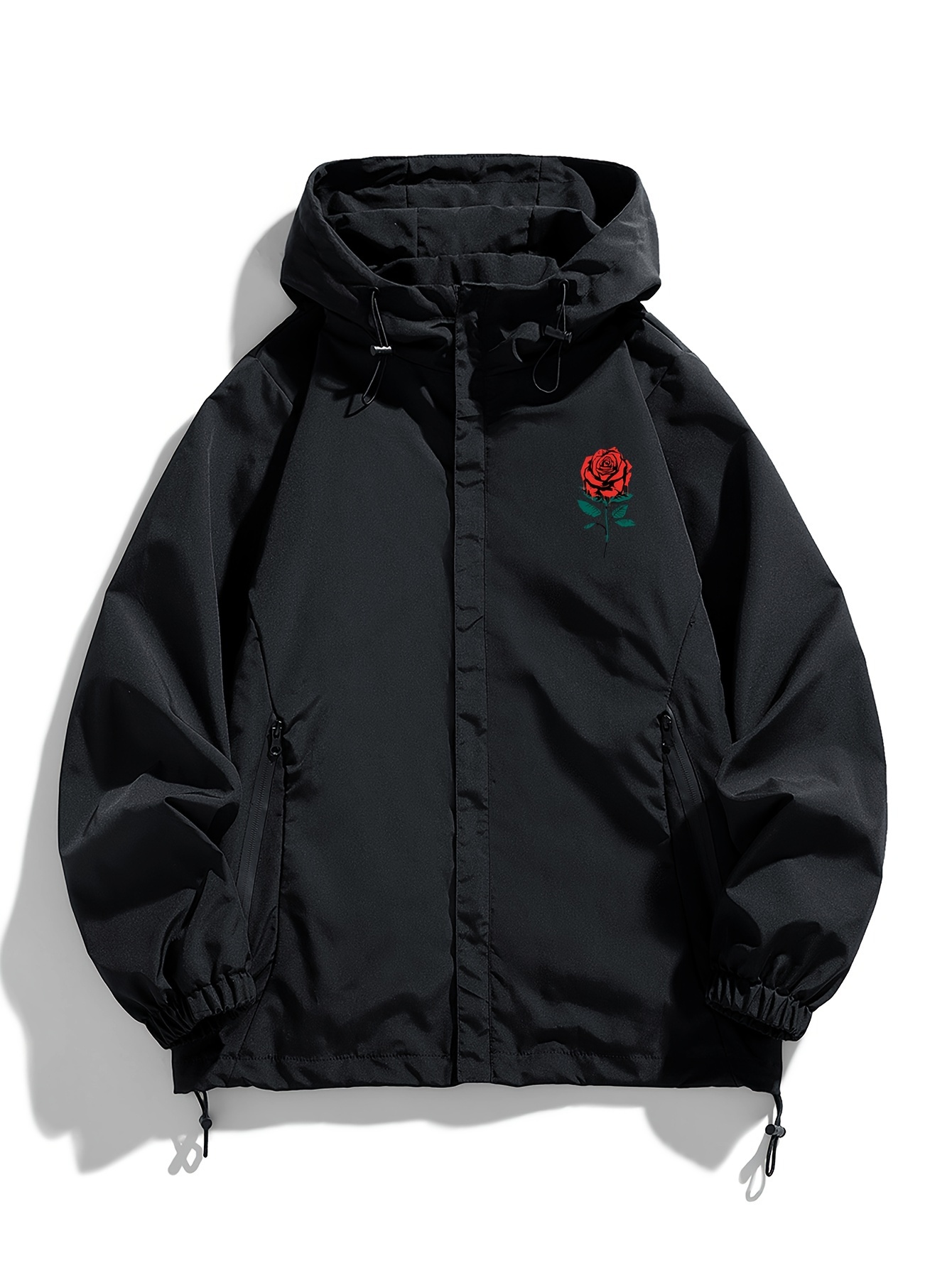mens casual hooded jacket with rose embroidery durable polyester zip up bomber for   black with red   casual outerwear trendy mens jacket sleek black jacke black 0