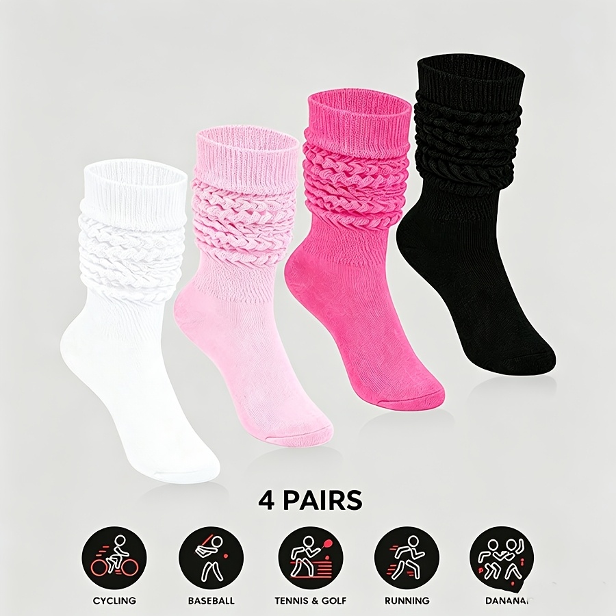 TEMU 4 Pairs Women's Slouch Socks Black White Rose Red Black Over-the-knee Solid Color Versatile Long Socks Suitable For Daily Wear Fashionable And