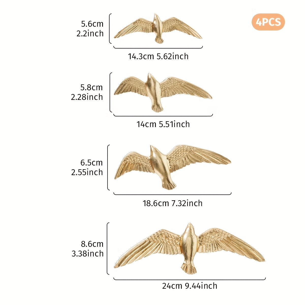 E-shop 4 Stk., 5.6*2.2~9.4*3.7 Zoll Goldene Vogelform Harz Dekorative Wandhängung, Europäische Einfache Harzmaterial Handwerkskunst Hängedekoration,