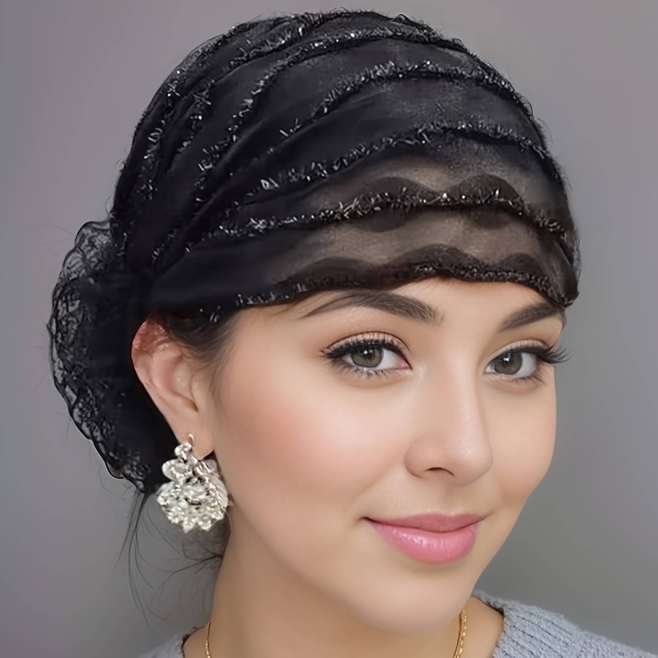 

1pc Glittery Lace Flower Breathable Hair Covering, Elegant Elastic Boho Chic Muslim Turban Hat, Mesh Back Chemo Hat For Daily Wear & Mother's Day Gift For Music Festival