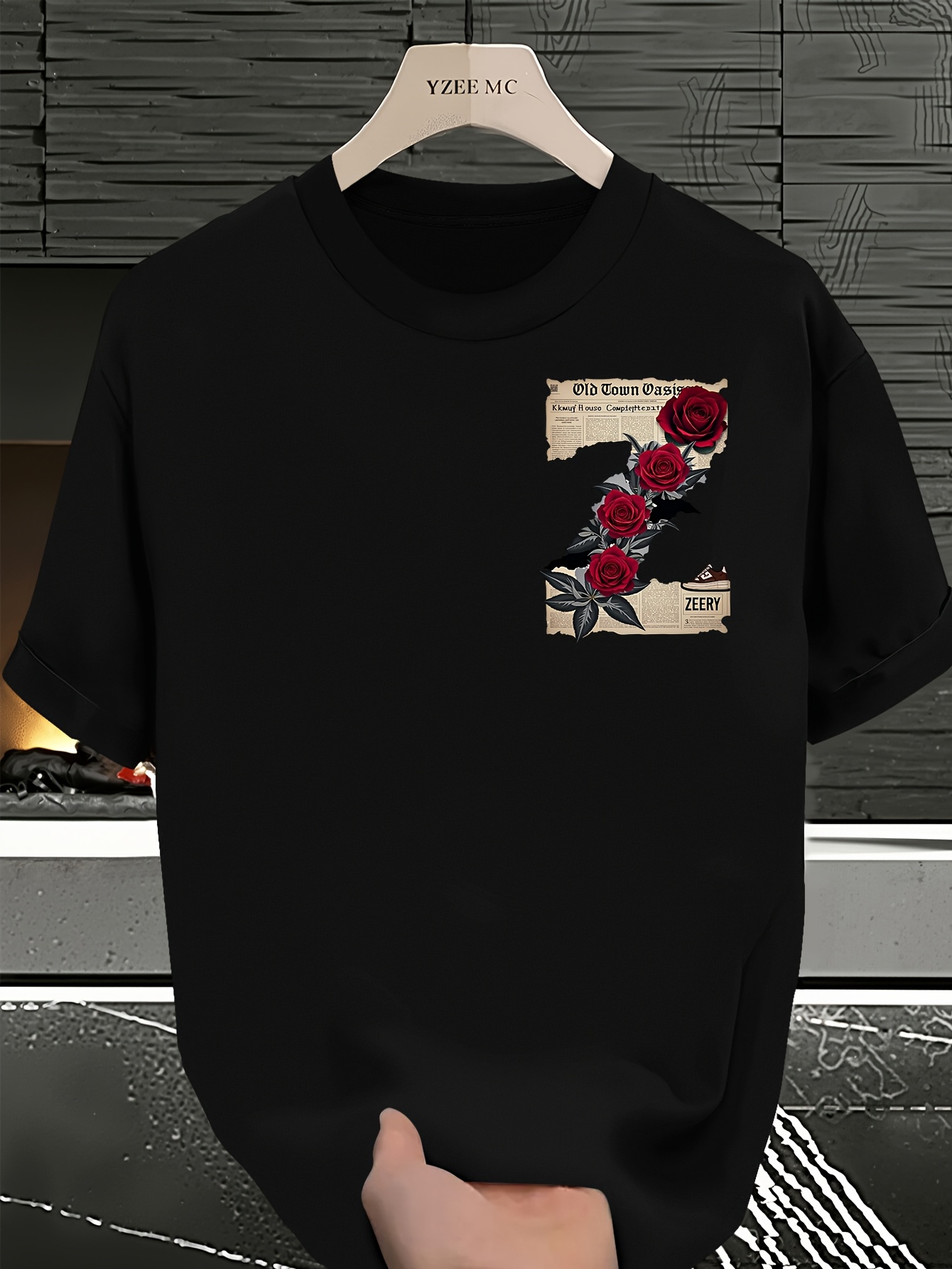 mens vintage newspaper back floral print t shirt red rose - Temu Oman