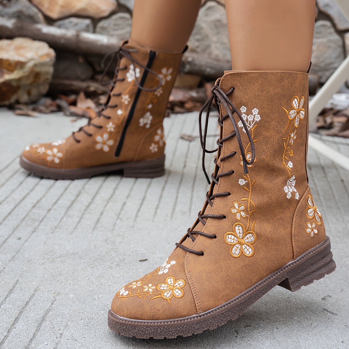 women's western ankle boots floral embroidery side zipper