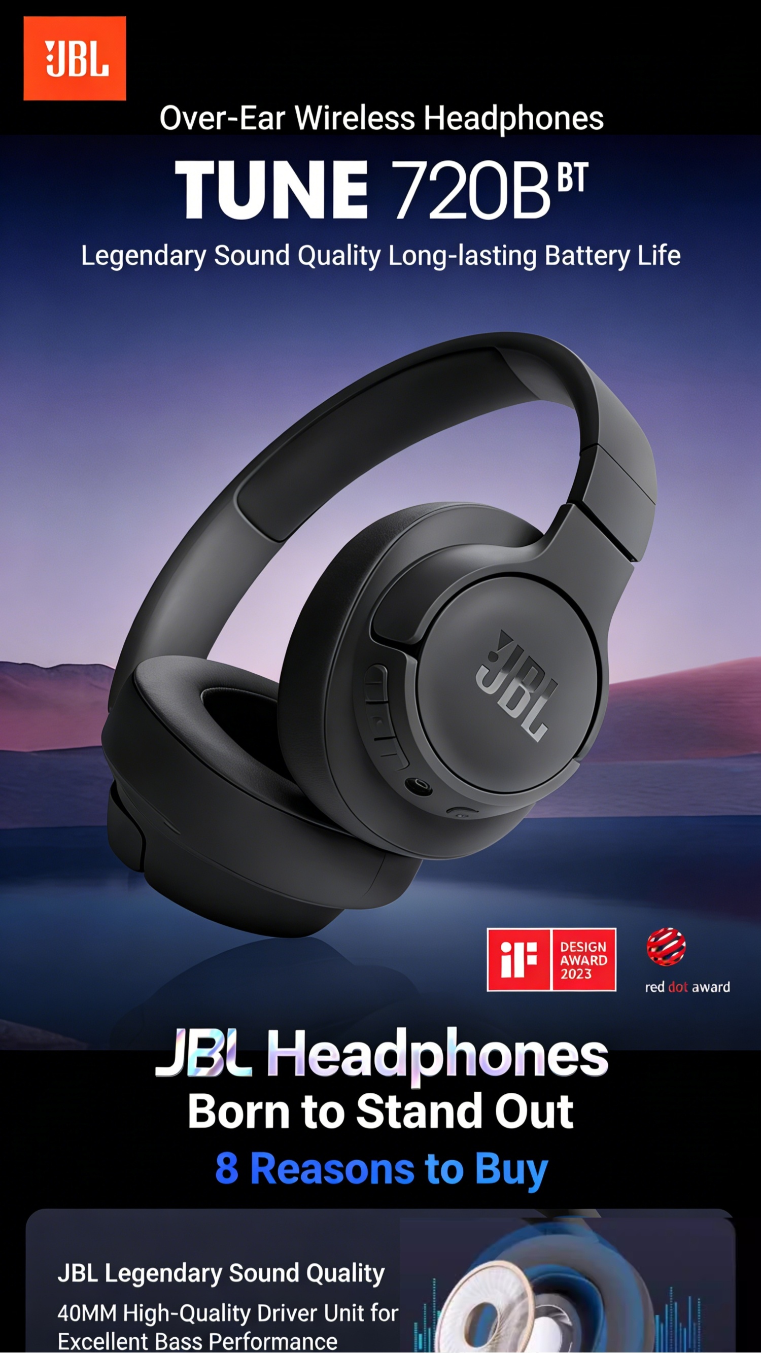JBL Tune720BT Wireless Headphone, 5-Min Fast Charge, Over-ear Comfortable Wearing, Foldable & Portable
