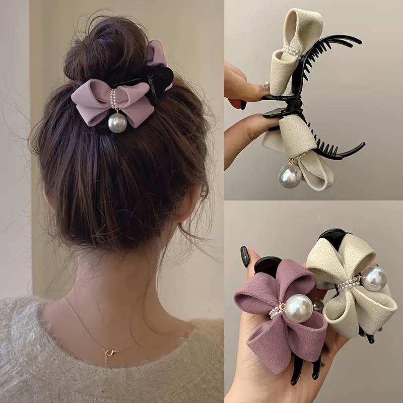 

1pc Elegant Artificial Pearl Bow Hairpin, Anti-slip Ponytail Holder Decoration, Suitable For Women And Daily Use