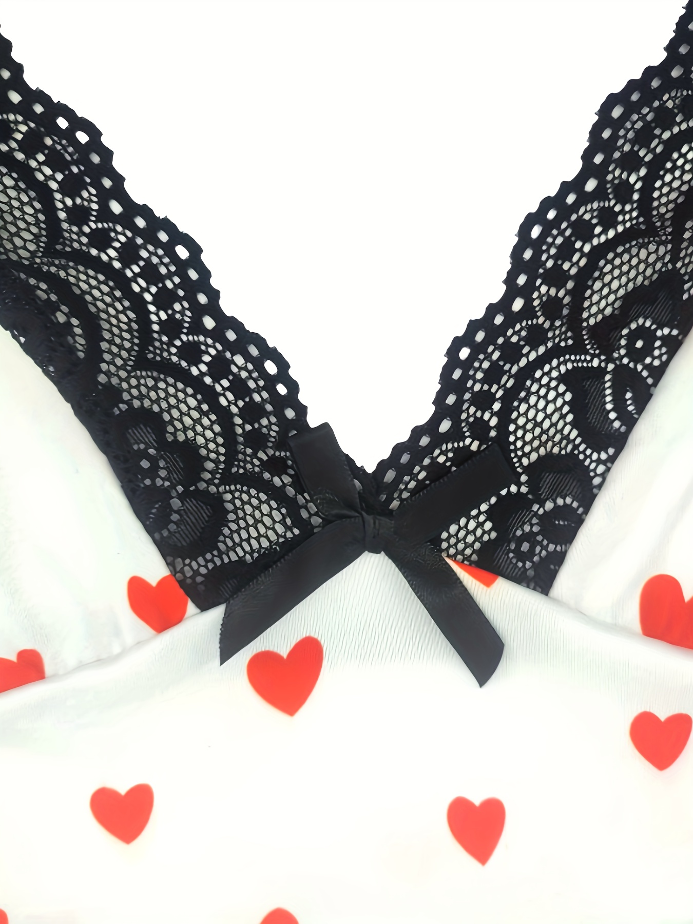 Plus Size Valentine's Day Sexy Lingerie Dress, Women's Plus Heart & Letter  Print Contrast Lace Trim Bow Decor Split Slips