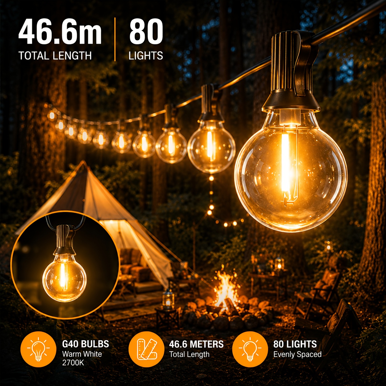 Image of G40 Outdoor Fairy Lights 20m/30m/46.6m Outdoor Led Fairy Lights, G40 Outdoor Bulbs, 8 , Suitable For Gardens, Gazebos, , Camping, Parties, And Weddings