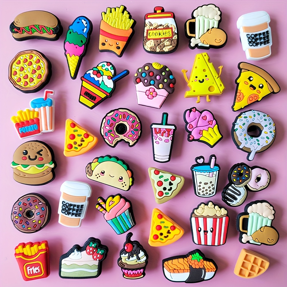 TEMU 33pcs Desserts And Snacks Series Shoe Charms, Doughnuts, Hamburgers, Cakes Pattern Durable Pvc Material Shoe Decorations, Suitable For Sandals,