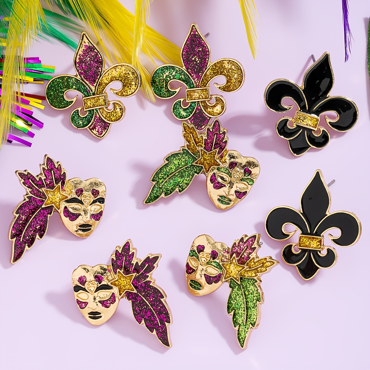 

4pcs Mardi Gras Enamel Iris Stud Earrings Set - Style, Zinc Alloy With Stainless Steel Posts, Celebrations & Gifts