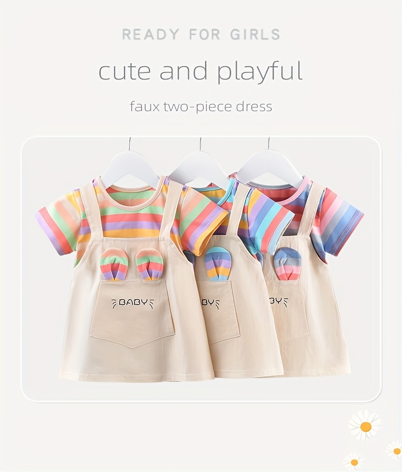 A New Baby Girl'S Summer Dress, Featuring Striped Short Sleeves And a Faux Two-Piece Design, Made of Pure Cotton, Perfect for Little Ones.