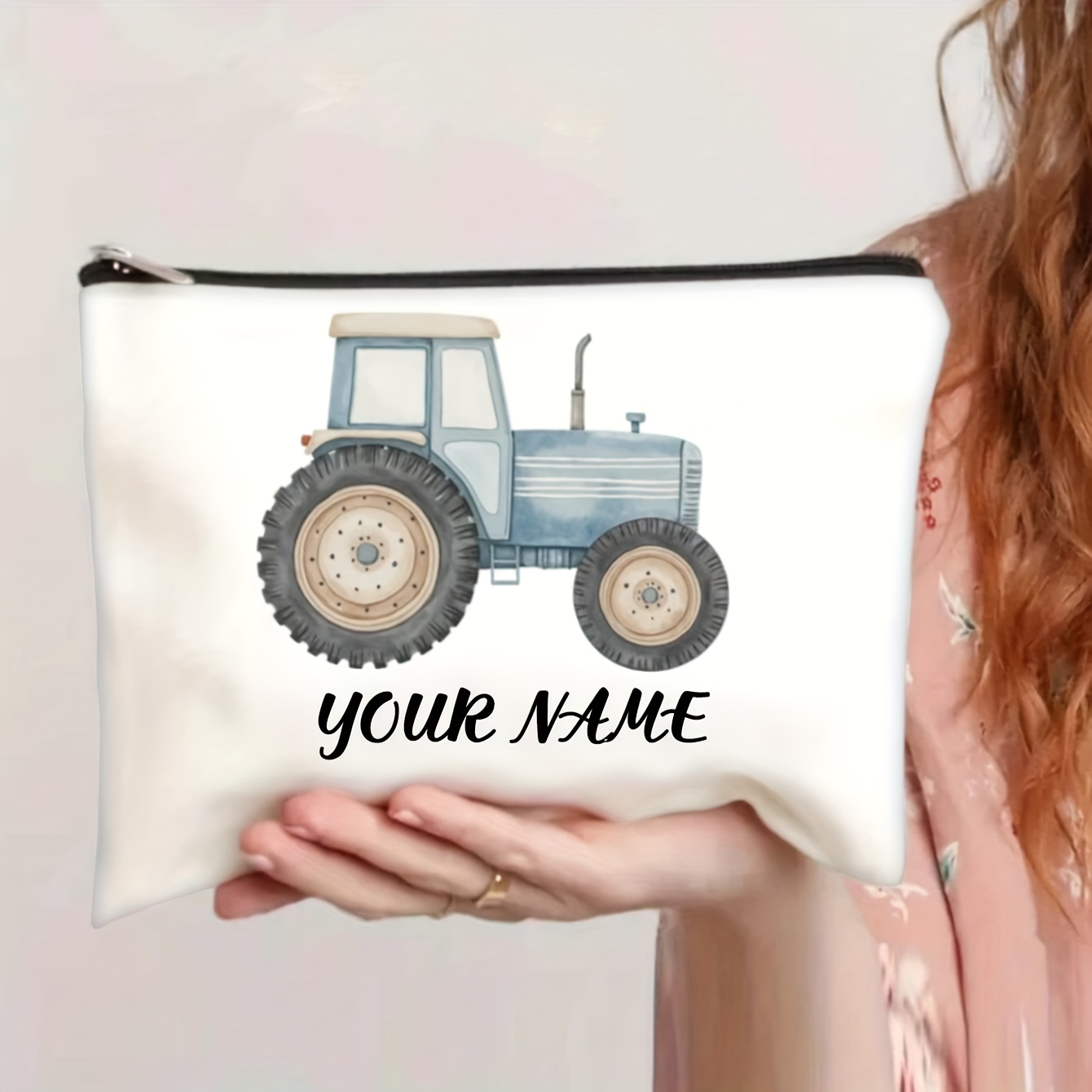 TEMU Personalized Tractor Design Toiletry Bag - Custom Name/text, Featuring A Vintage With Tractor And Tire Prints, Zip Closure, Portable And