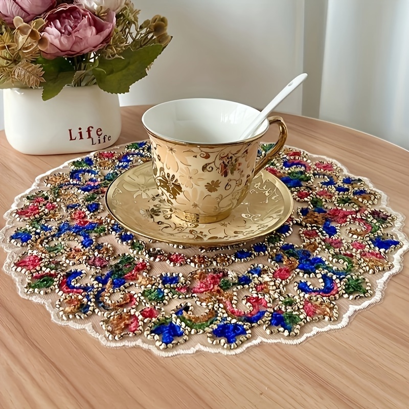 

1pc, Round Table Mat, Placemat, Coaster, Kitchen And Table Decor With Floral Embroidery, Desktop Ornament