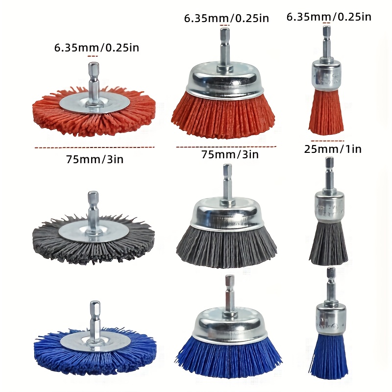 Image of 9pcs Hexagonal Handle Abrasive Wire Brush Polishing Set Metal Rust Removal Brush Wood Brush With Rod Bowl-shaped Grinding Wire Wheel Nylon Wire Polishing Head