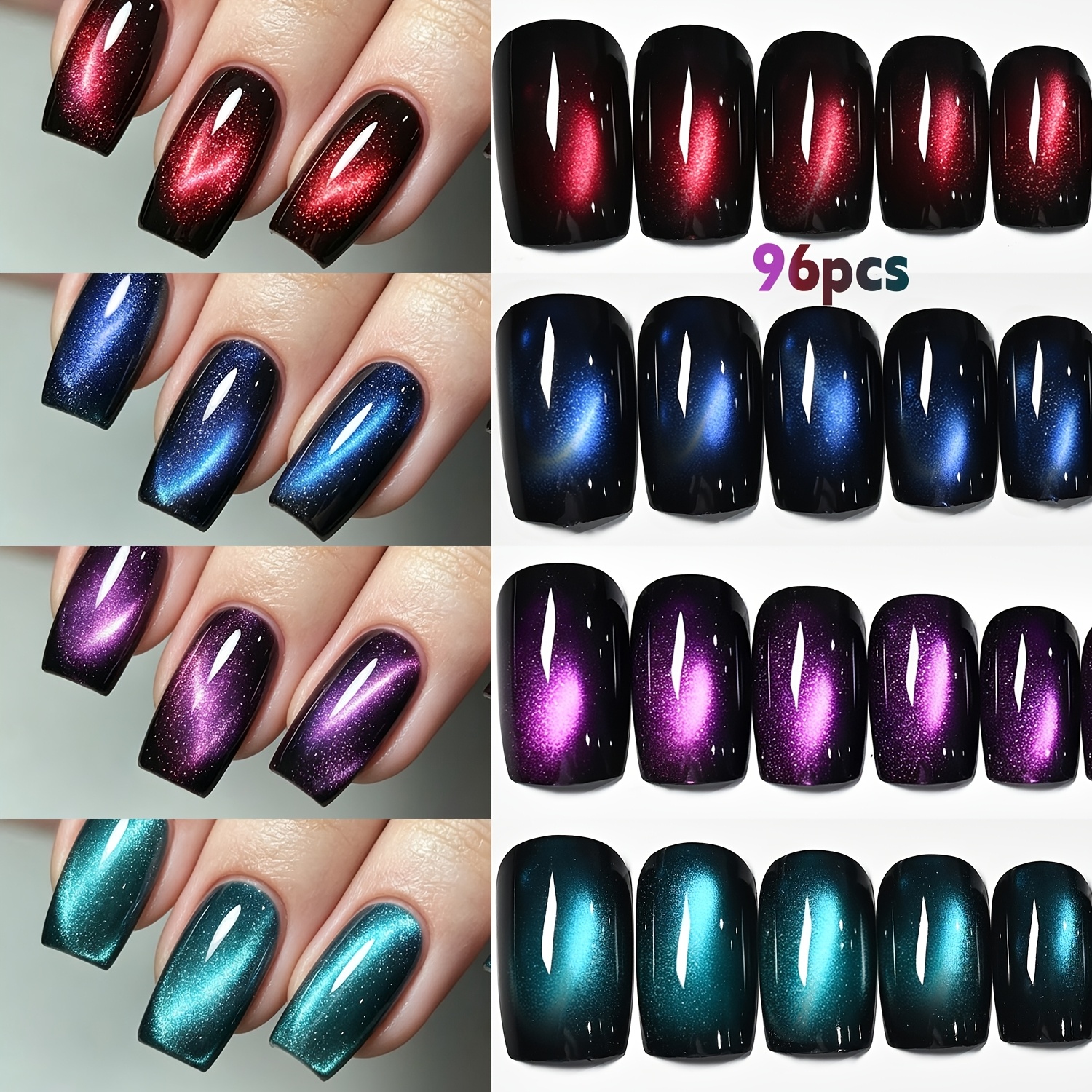TEMU 96pcs Medium Square Cat Eye Press On Nails, Shiny Cat Eye False Nails, Medium Square Glossy Blush-red Gradient Colorful Full Cover Nail Tips For