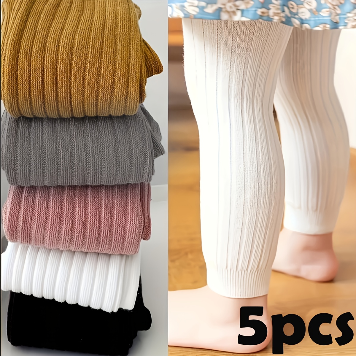 

5pcs Soft & Stretchy Girls' Ribbed Leggings - Vibrant Colors, Fit, Polyester/spandex , Wear, Hand Wash Only