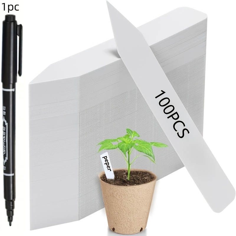 TEMU 100 étiquettes de plantes en plastique de 2 cm x 10 cm avec 1 marqueur noir, idéales pour les plantes en pot, les herbes, les légumes, les