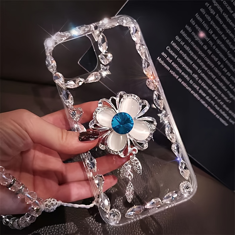 

Royal Blue Rhinestone Frame With Crystal Lanyard Bracelet Suitable For Iphone16promax Anti-fall Transparent Mobile Phone Case