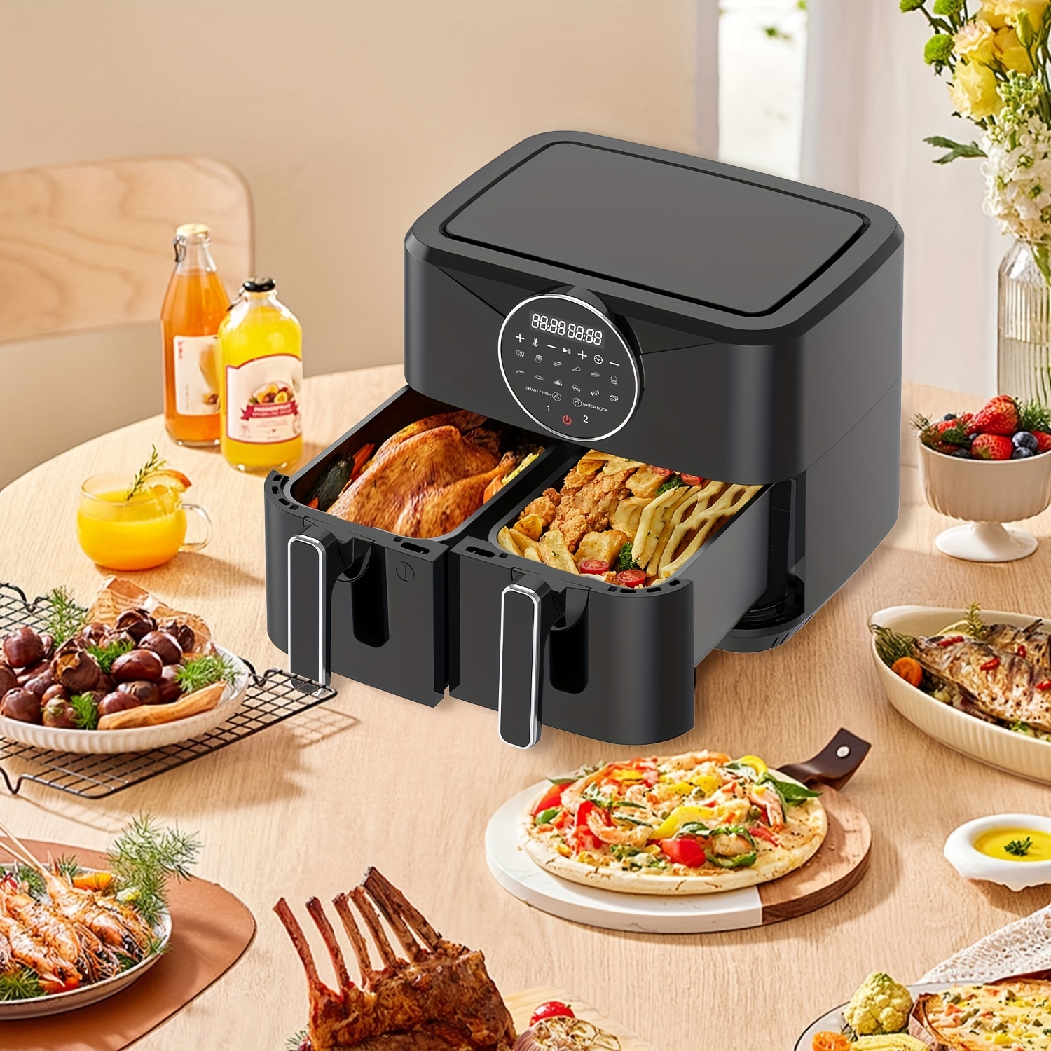 

Oil-free Fryer 2 Baskets 5.5l+5.5l, Air Fryer With 2400w With 12 Functions, The Removable Basket, Cook, Fry, And Grill All Your Food