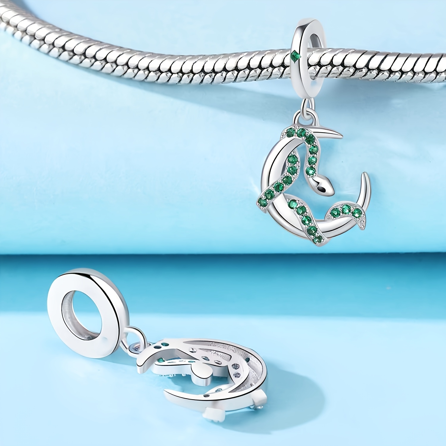 Women's 925 Silver Plated Green Snake Moon Pendant Charm