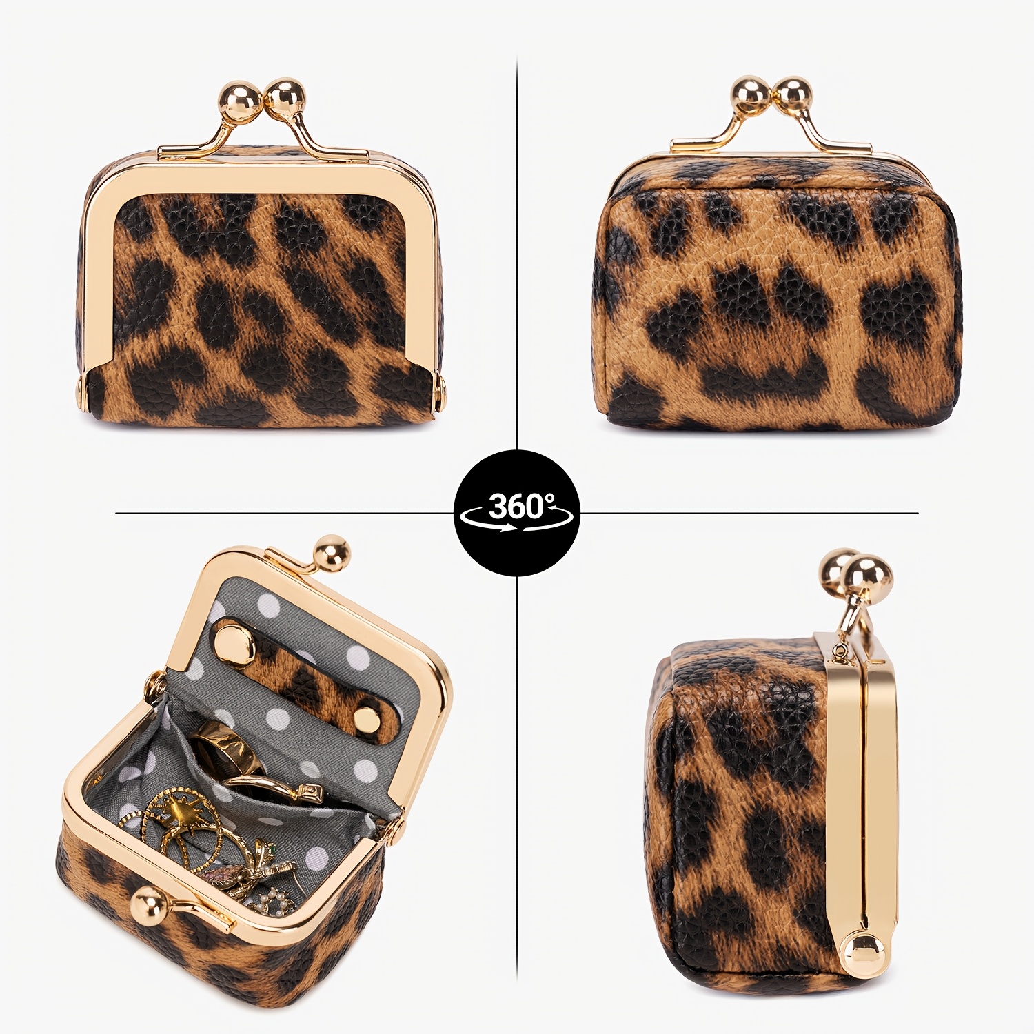 Women's Leopard Print Mini Vintage Style Portable Jewelry Box, Coin Purse with Clasp, Mini Travel Ring Box, Travel Jewelry Case, Women's Cosmetic Organizer, Suitable for Storing Earrings, Rings, Necklaces, and Bracelets.