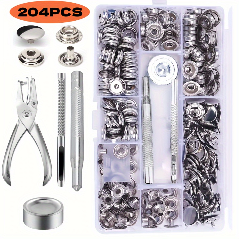 

Jeux de 204 pièces de boutons-pression en acier inoxydable avec outils d'installation et étui de rangement pour vêtements, couture et réparations de veste - Kit de boutons-pression argent gris durable