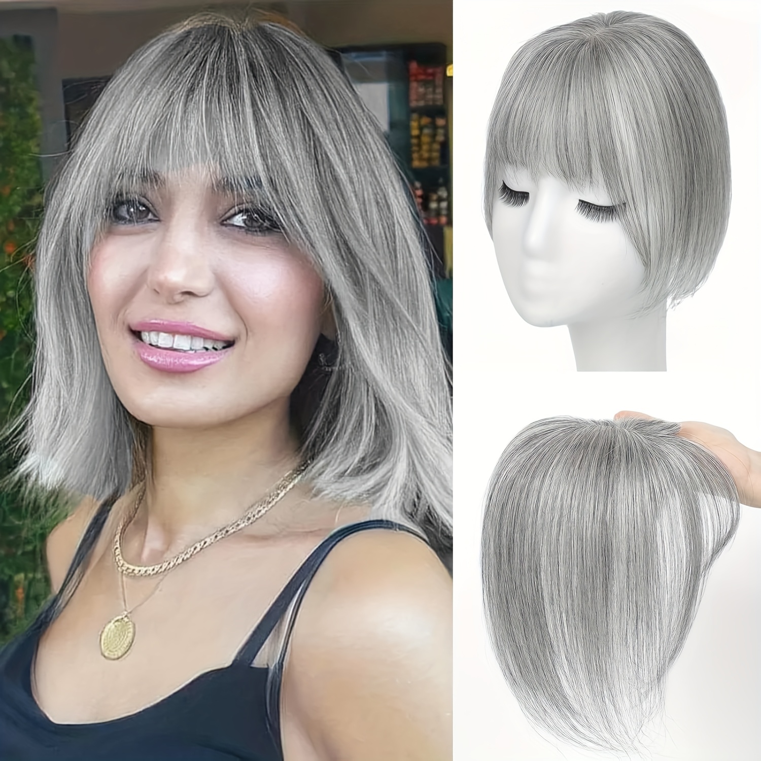TEMU Women's Hair Toppers Made From Real Human Hair, 360&deg; 3d Clip-on Bangs For Daily Use In Grey Color