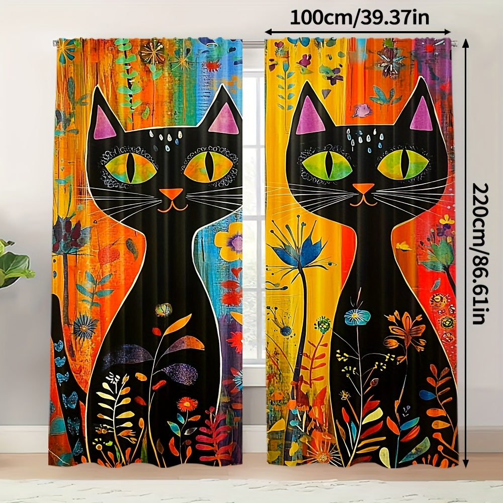 TEMU 2pcs, Popular Curtains Digital Printed Adorable Cartoon Cat Versatile Fabric Thermal Insulation, And Room Darkening Functions Use For Living