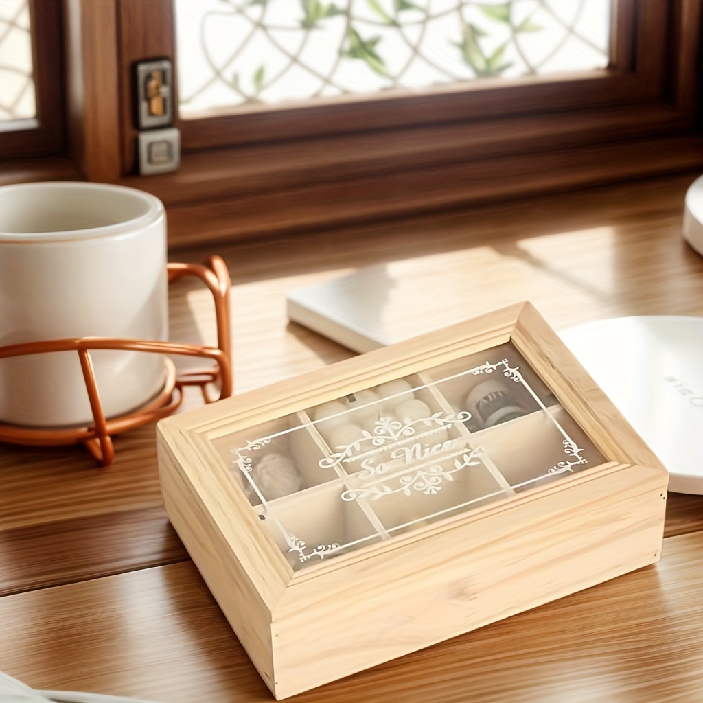 

1pc Wooden Tea Box 6-grid Storage Box With Transparent Acrylic Cover For Office, Kitchen Decor, Desktop Dustproof Storage Of Sundries, Tea Bags, Jewelry, Small Items - Ideal For Valentine's Day