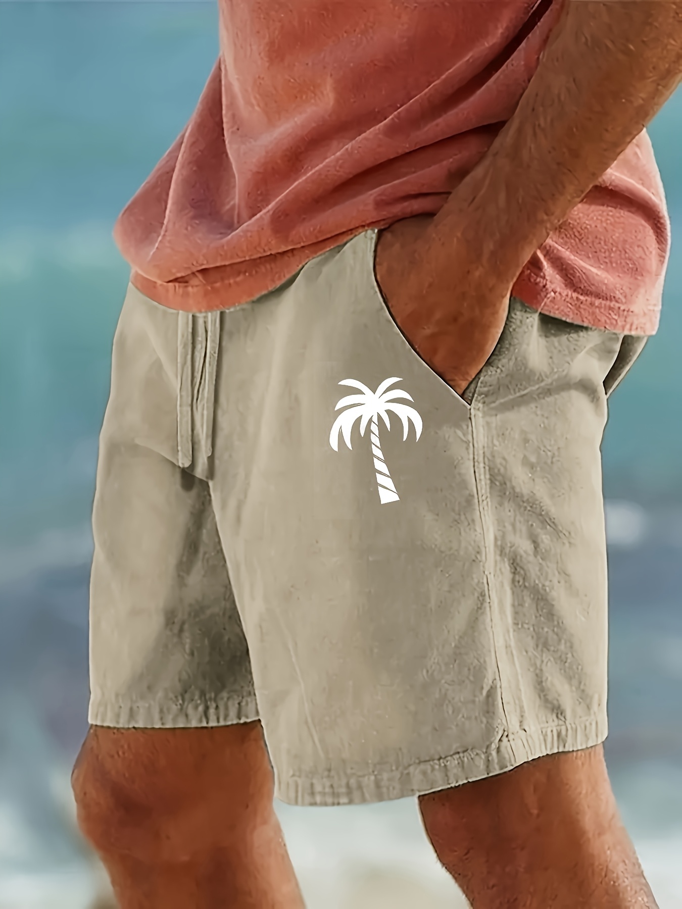 Men'S Cotton Shorts with Drawstring, Casual Palm Tree Print, All-Season, Non-Stretch Woven Fabric, Button Detail, Regular Fit, 110Gsm - Summer Beachwear, Plus Size