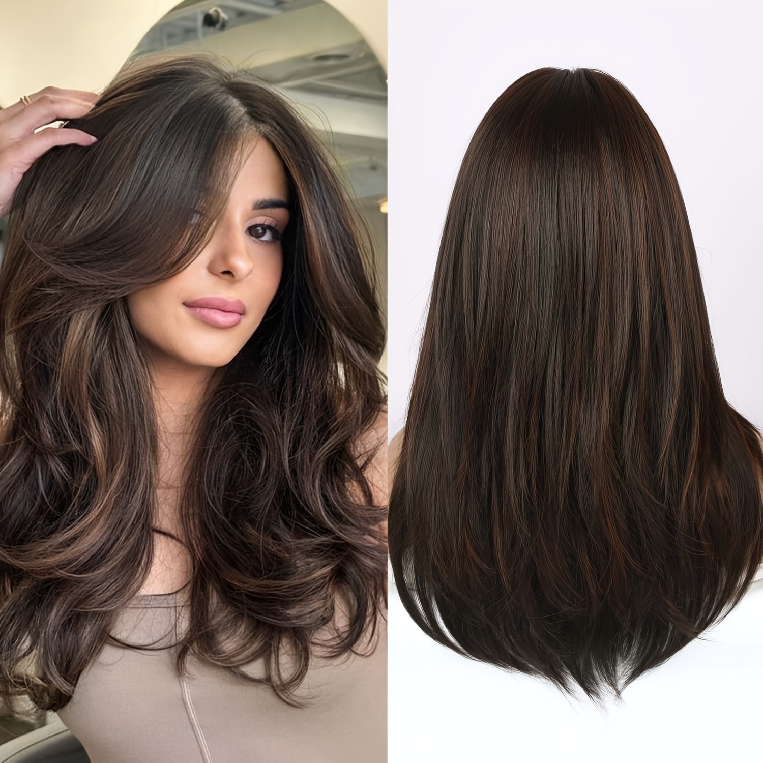 

Elegant Long Straight Layered Wig With Bangs For Women - , Heat Resistant Synthetic Hair, &