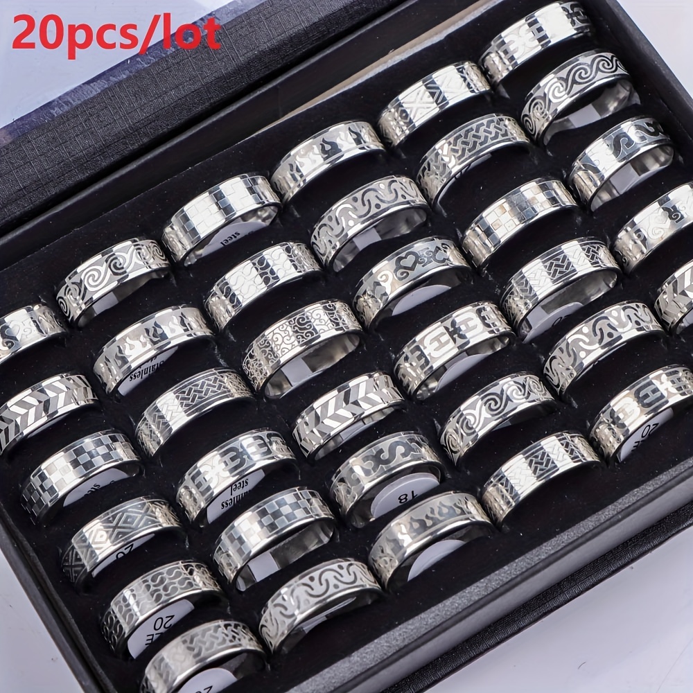 TEMU Pack Of 20 Retro Fashion Three-color Stainless Rings, Versatile Men's Casual Daily Jewelry Party Decoration Gift
