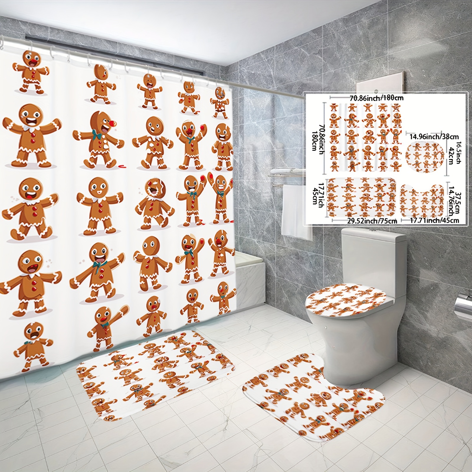 

Festive Gingerbread Man Christmas Shower Curtain Set: Includes 1/3/4 Pcs, 12 Hooks, Bathroom Rugs, Toilet Seat Cover, And U-shaped Mat - Perfect For Walk-in Showers