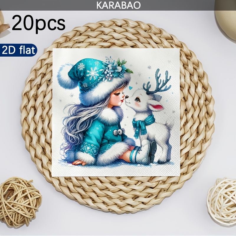 TEMU 20pcs Blue And White Snowflake Theme Napkins, With Plush Headbands And Deer Patterns, Winter Style, Double Layer Thickened, Suitable For Table