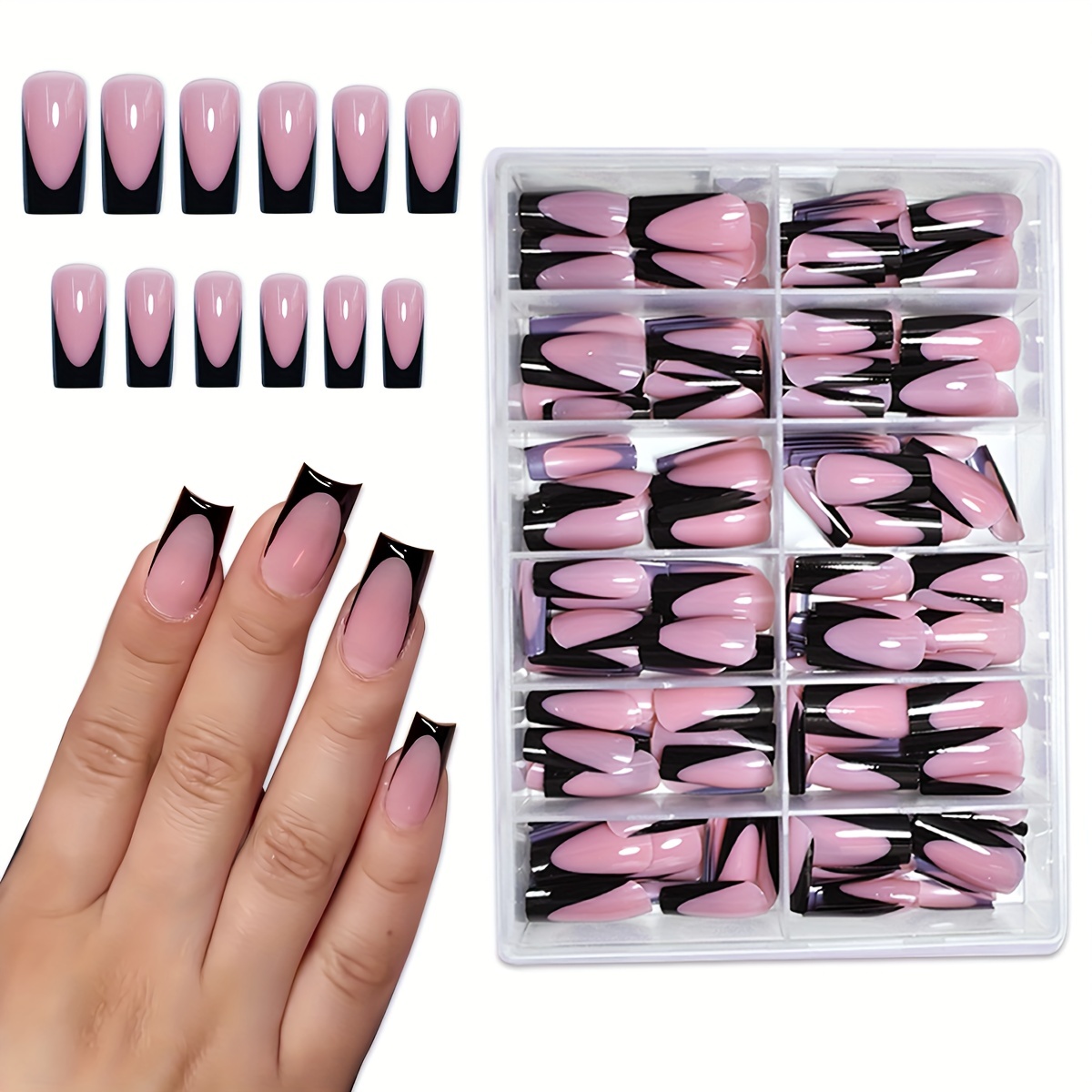 TEMU (288pcs) -black French Long-length Square-shaped Press-on Fake Nail Set; Minimalist & Fashionable Solid-; Pure-color Nail Patches For Daily & Women