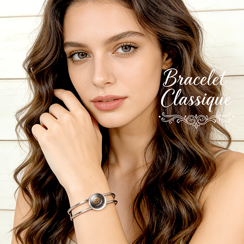 Adjustable Open Bangle Bracelet with Round Time Gemstone Inlay