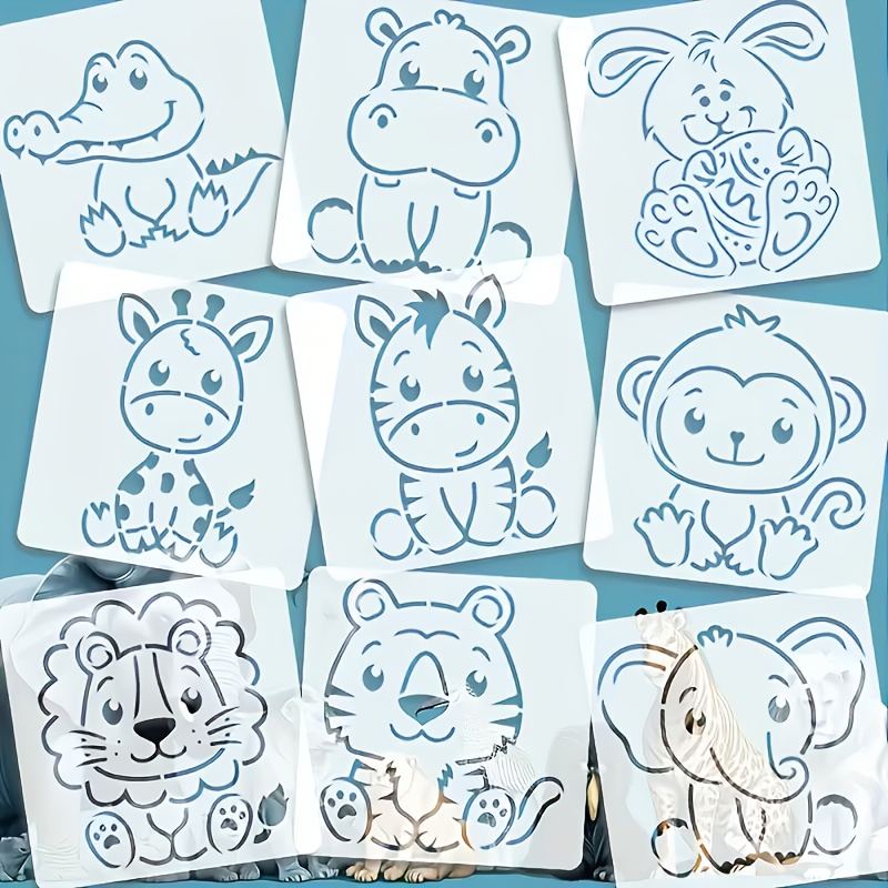 TEMU Ein Set aus 9 Tier-Schablonen, Größe 3,94*3,94 Zoll / 10X10 cm - Enthält Krokodil, Nilpferd, Hase, Zebra, Tiger, Affe, Löwe, Elefant und Leopard