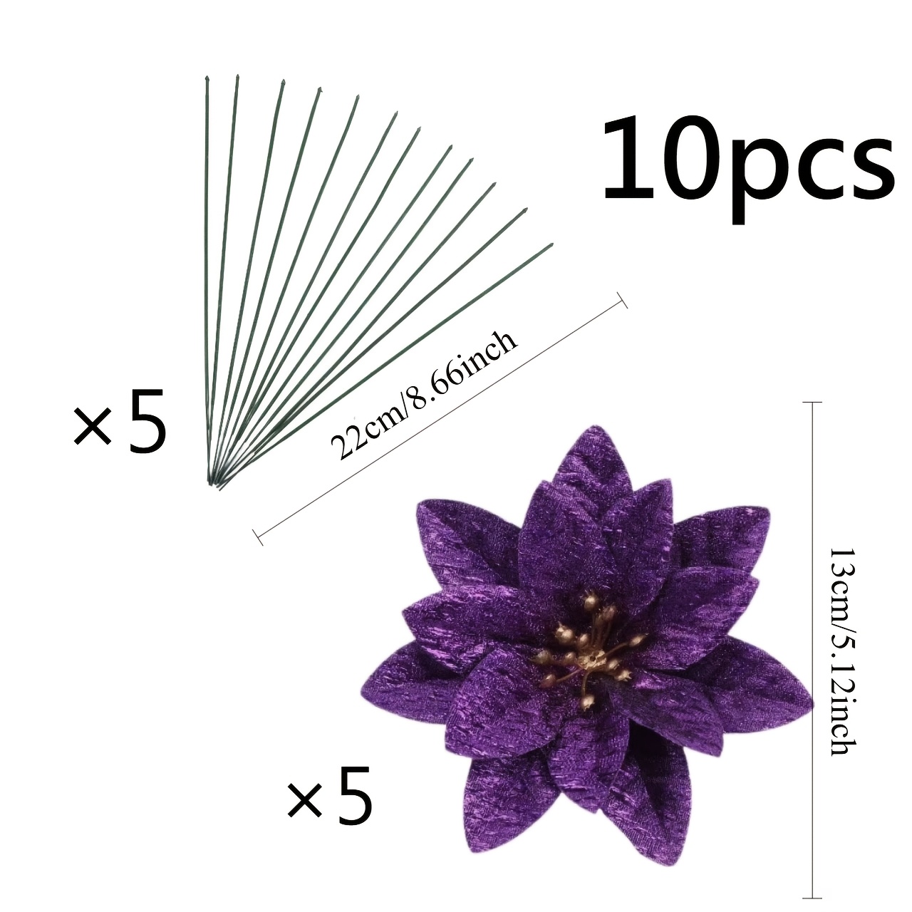 TEMU 10pcs (five Stems + 5 Rods) Artificial Purple Christmas Flowers, Glitter Faux Christmas Floral Stems, Suitable For Wreaths, Garlands, Tree