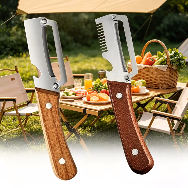 2pcs stainless steel peeler and slicer with wooden handle and ideal for sugarcane fruits and vegetables multifunctional durable peeling tool and vegetable slicer parties and picnics details 1