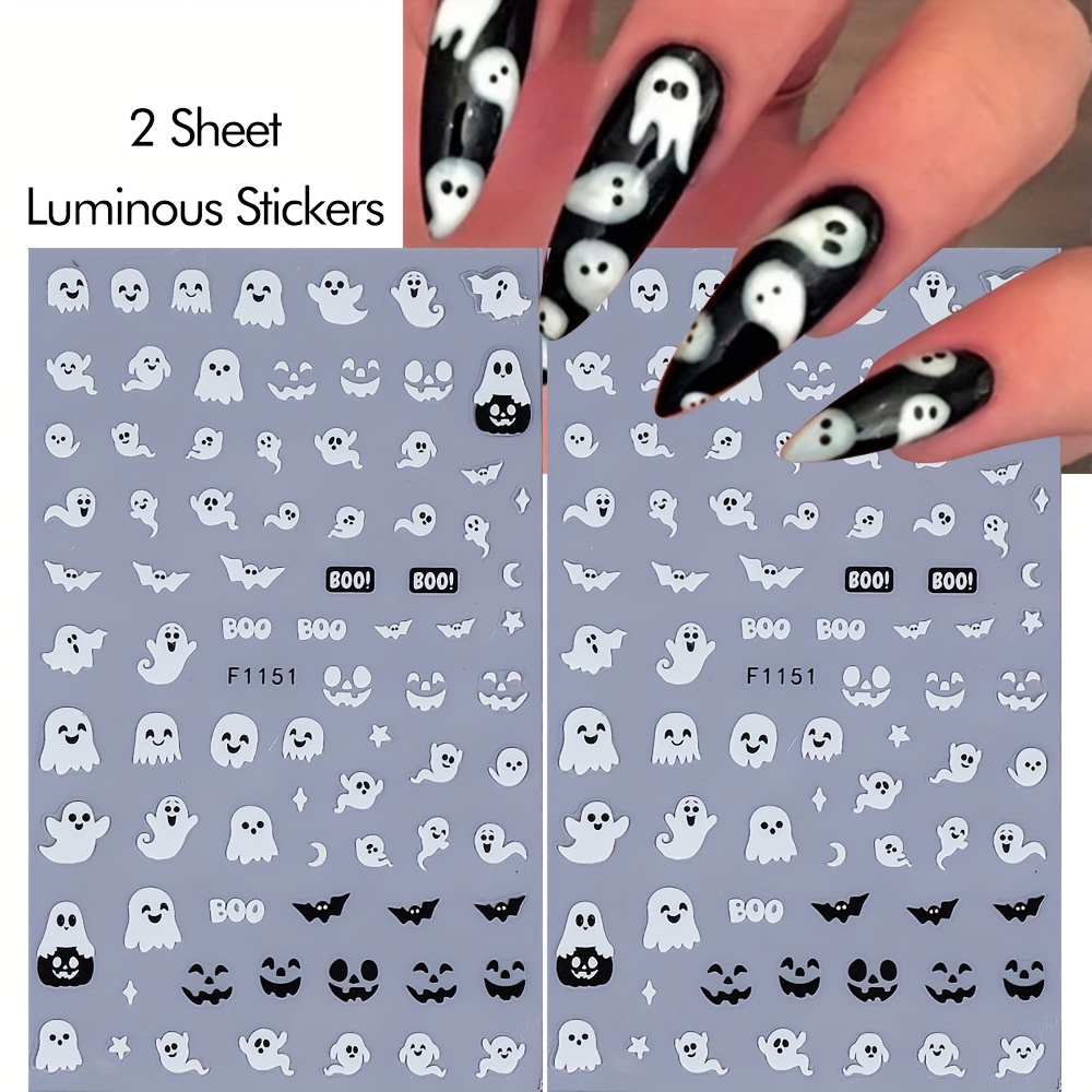 2pcs Luminous Halloween Nail Stickers 3d Glow In Dark Cute Self Adhesive Nail Decals Manicure Diy Decorations