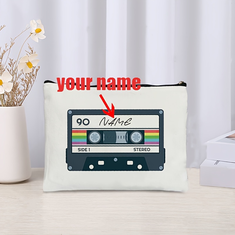 

1pc Customizable Cassette Tape Design Makeup Bag - Lightweight, Foldable White Polyester Cosmetic Pouch With Stripes, Zipper Closure, Machine Washable - Ideal Gift For Music Lovers & Travel Organizer