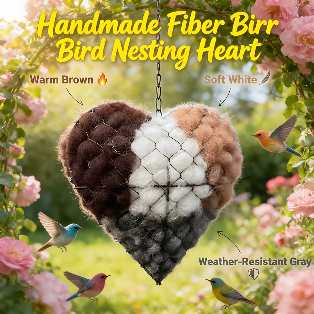 3件心形蜂鸟巢 | 手工纤维鸟巢，心形设计，可填充鸟巢天堂，包括多袋筑巢材料，以及为蜂鸟爱好者准备的鸟类礼物，适合家庭花园户外使用 商品详情 1