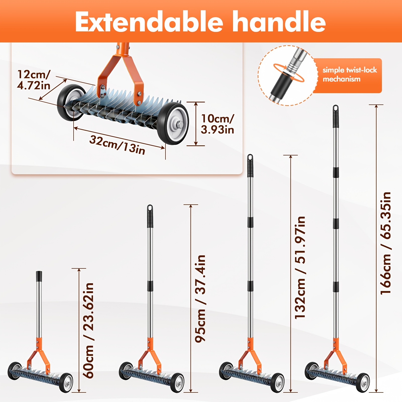 TEMU 32cm Manual Lawn Aerator, Heavy Duty Rolling Aerator Lawn Tool With 166cm Adjustable Handle And Spikes For Soil Loosening, Push Grass Aeration