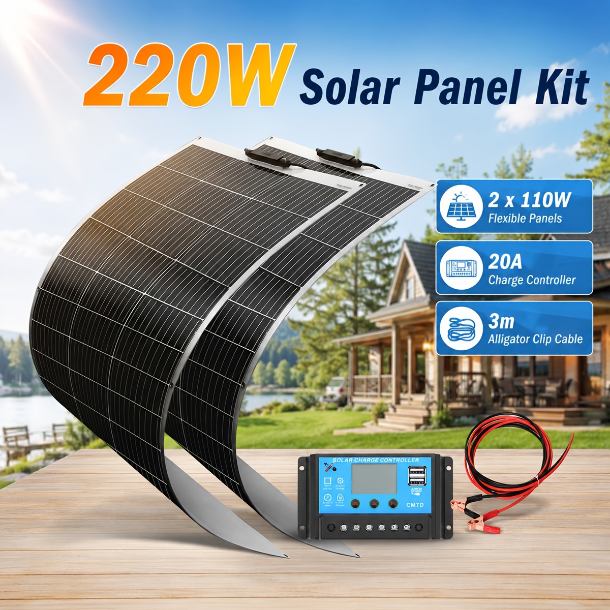 2pcs 110w 12 Volt/24 Volt Solar Panel Kit, 2x110w With High- Monocrystalline Solar Panels And 20a Controller For Caravans, Campers, Vehicles, Caravans And Other Off-grid Applications