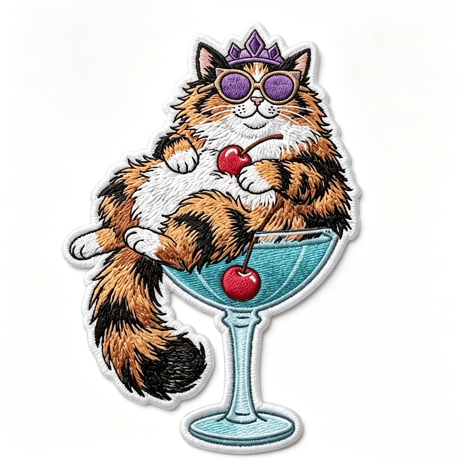 TEMU Crown Lunettes de soleil Chat Calico Fluffy dans un verre à Martini, Patch brodé à thermocoller, Badge appliqué à coudre Kitty Cherry Cocktail